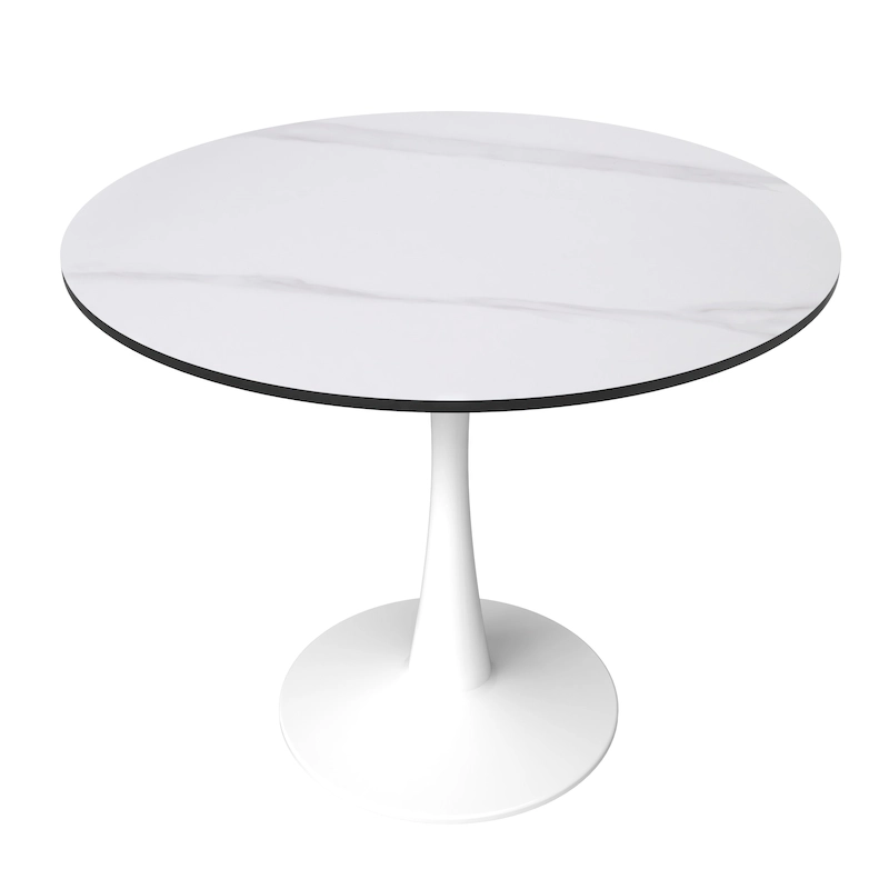 Bristol Round Dining Table for 4, 35  Sintered Stone Tabletop with White Stainless Steel Pedestal Base