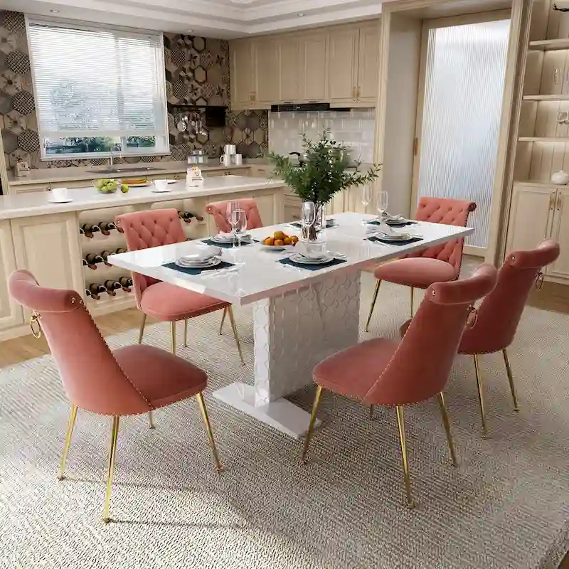 7-Piece Clihome High-gloss Extendable Table Velvet Chair Dining Set