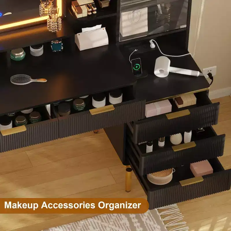 Garvee Makeup Vanity Desk -Dressing Table with Lights & Power Outlet, Fluted Vanity Desk with Mirror, 5 Drawers