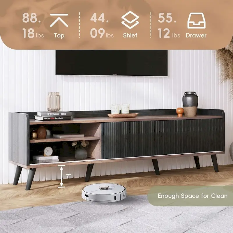 63 Inch Mid Century Modern TV Cabinet Dark Brown Black