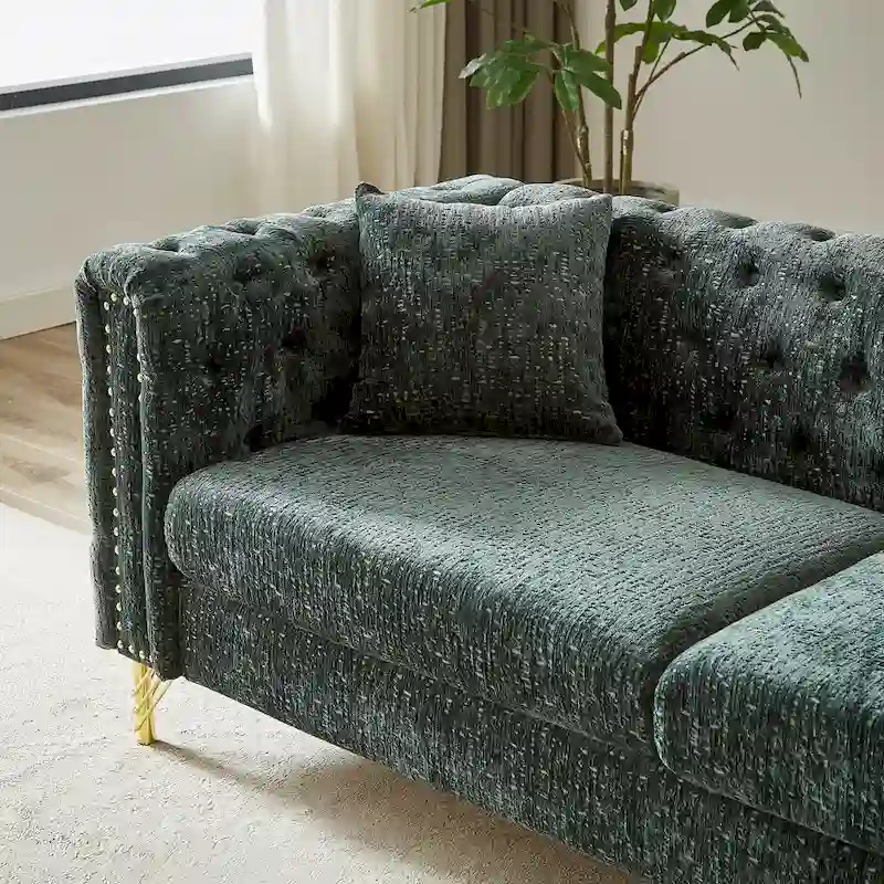Green Chenille Tufted Upholstered 3-seater Sofa with Metal Legs
