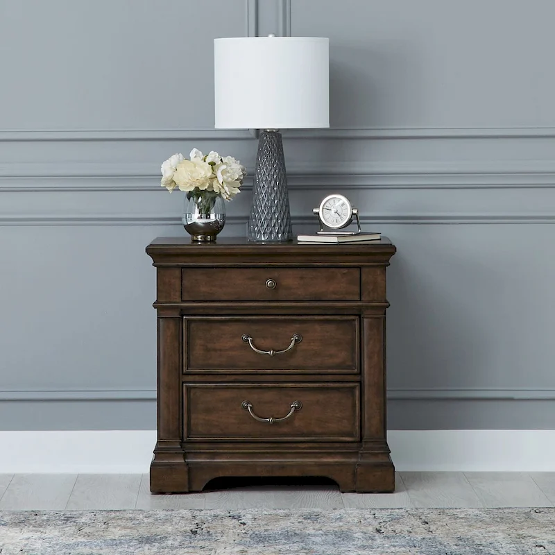 Arden Road Satin Cherry Bedroom Wood Nightstand with Charging Station