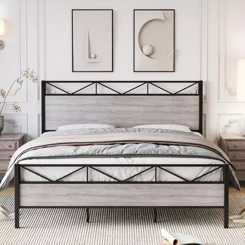 King Size Bed Frame with Headboard, Industrial Platform King Bed Frame with 14 Strong Metal Slats Support, Under-Bed Storage, No Noise