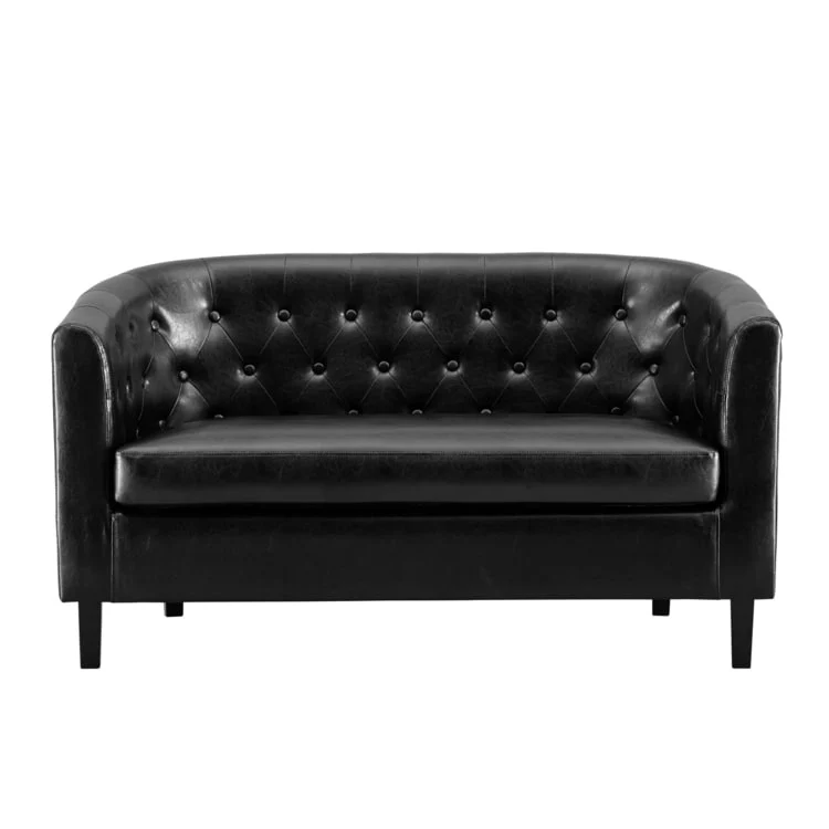 Midcentury Modern Button Tufted Faux Leather Barrel Loveseat - Comfy Tub Loveseat Sofa
