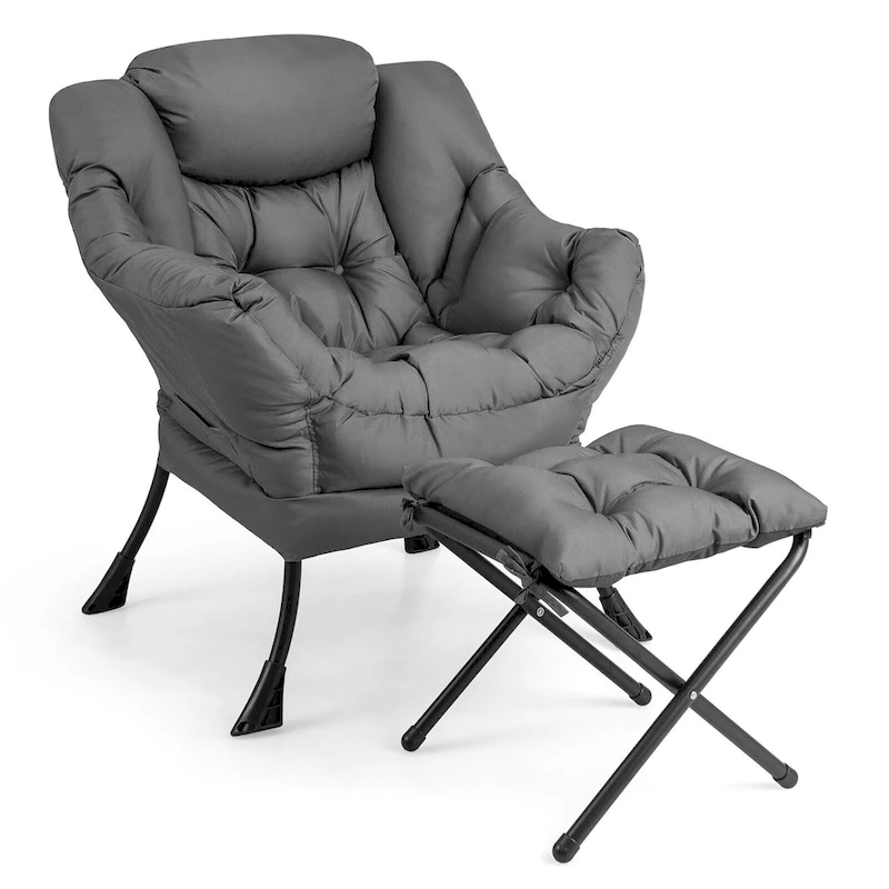 Gymax Lazy Sofa Chair Accent Leisure Armchair with Folding Footrest &