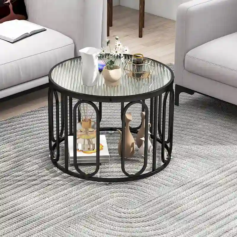Gymax 2-Tier 24 Round Coffee Table w/ Oval Swivel Brackets & Reeded