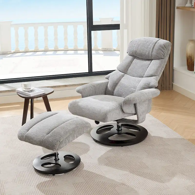 Heated Massage Armchair Chenille Fabric Seating Swivel Recliner Chair with Ottoman, Adjustable Backrest and Remote