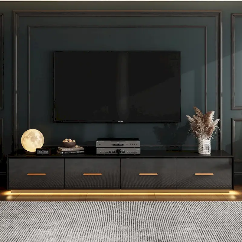 Black Entertainment Center Spacious Luxurious TV Stand Golden Accents - 70.9