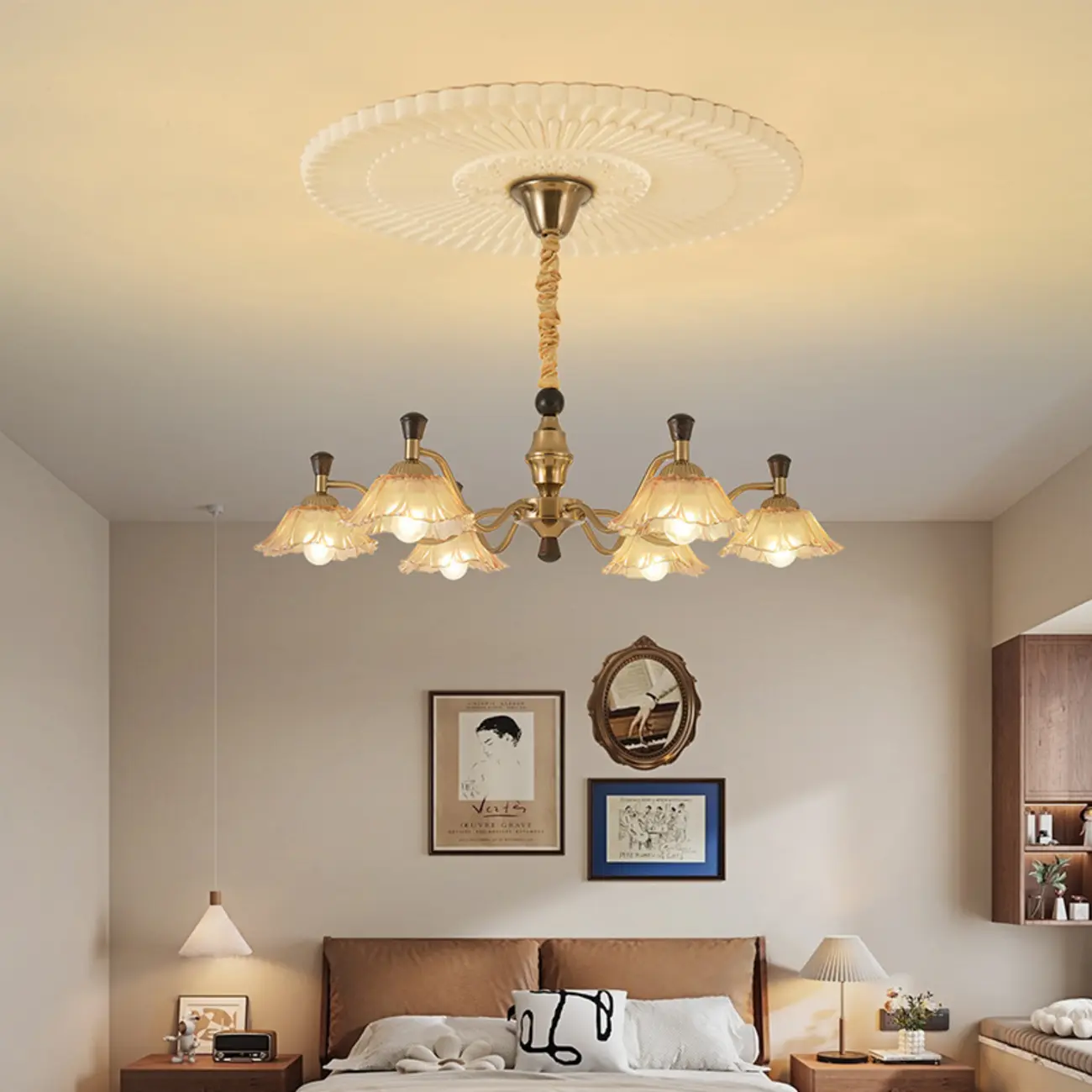 Modern Adjustable Gold Flower Glass Chandelier 6/8 Lights