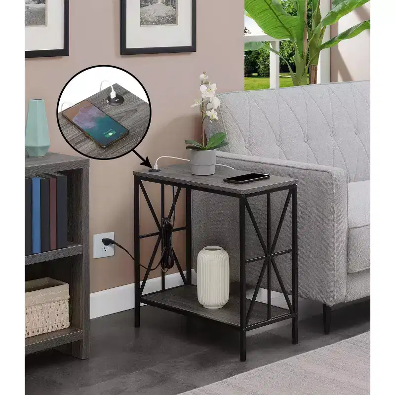 HomeStock Belmont Chairside End Table with Charging Station and Shelf, Two USB Ports, Stylish Crisscross Frame Accent Table for Bedroom Dcor