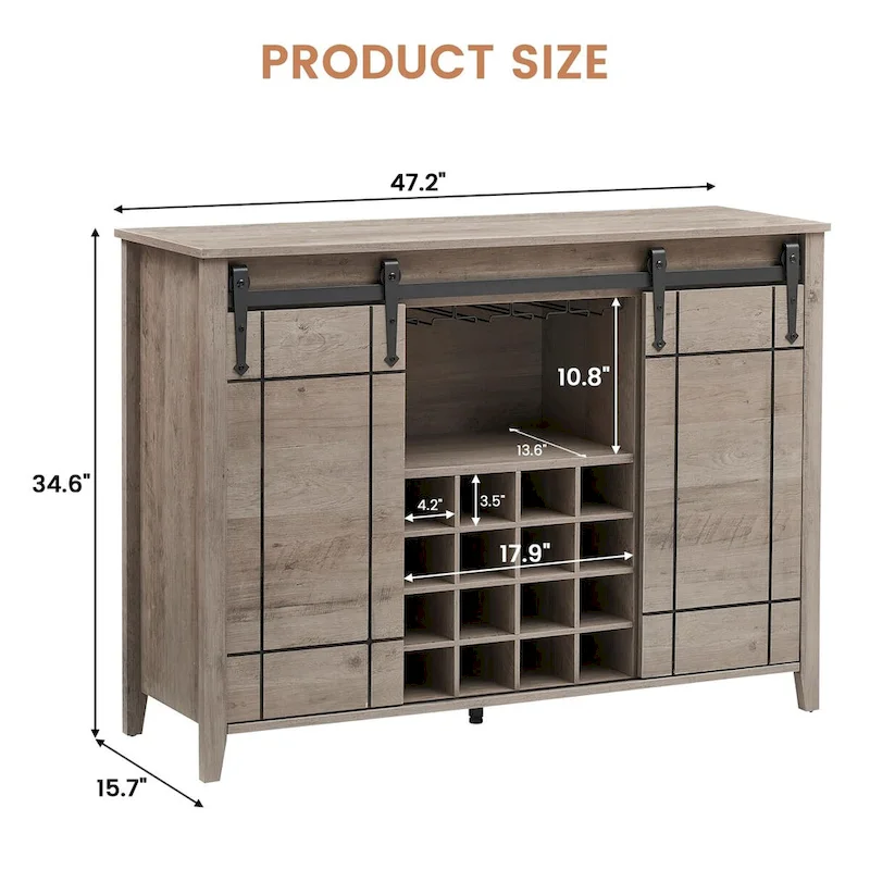 Farmhouse 47 Wine Bar Cabinet Buffet Sideboard Cabinet with 16 Bottle Wine Rack - 15.7D x 47.2W x 34.61H
