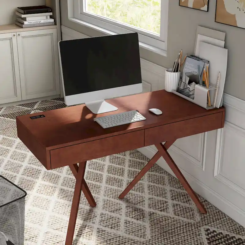 Foli Transitional 47-inch Wood 2-Drawer Desk with USBs and Power Outlets by Furniture of America