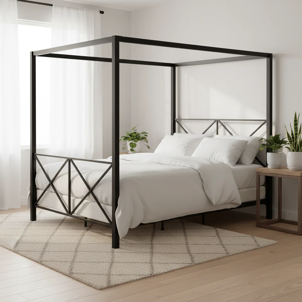 Modern Black Metal Four-Poster Canopy Bed Frame