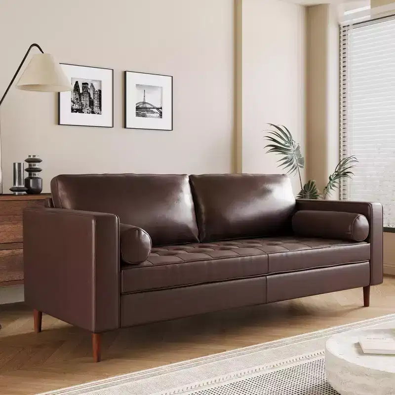 Whisen PU Leather 3-Seat Sofa, Mid-Century Modern Sofa Couch with Tufted Design, Solid Wood Legs, 2 Bolster Pillows