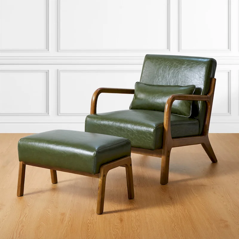Glitzhome 30.75H Mid-Century PU Leather Armchair with Ottoman Set