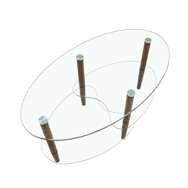 Oval glass coffee table, Transparent coffee table, modern table in living room with Oak wood legs, tea table
