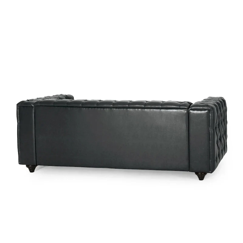 Sofa, Chesterfield Tufted Black Faux Leather Upholstery, Wood, 84 Inch