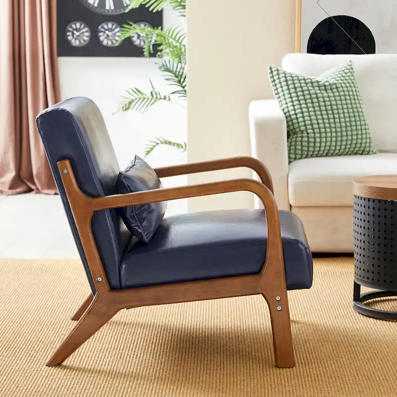 Glitzhome 30.75H Mid-Century Modern PU Leather Armchair Accent Chair with Pillow - 25.75W x 33.75D x 30.75H