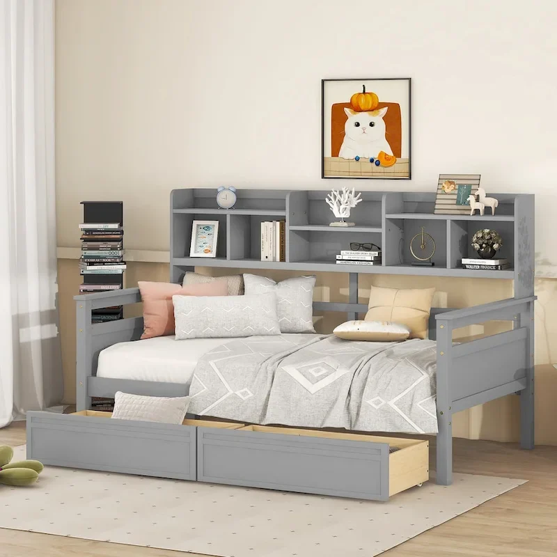 Twin size Daybed, Wood Slat Support, with Bedside Shelves and Two Drawers