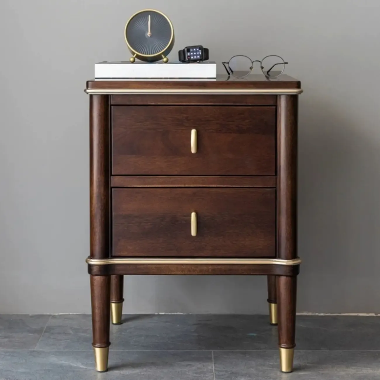 Nordic Brown Wood 2-Drawer Bedroom Nightstand with Legs