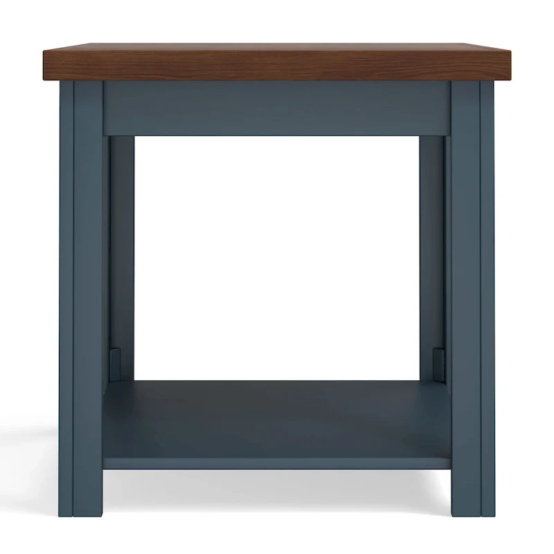 24 inch Side Table, No Assembly Required, Blue Denim and Whiskey Finish