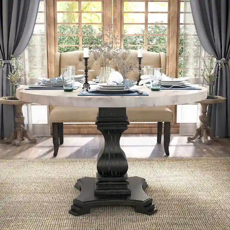 Brec Farmhouse Marble Top 5-Piece Round Dining Table Set with Tufted Chairs by