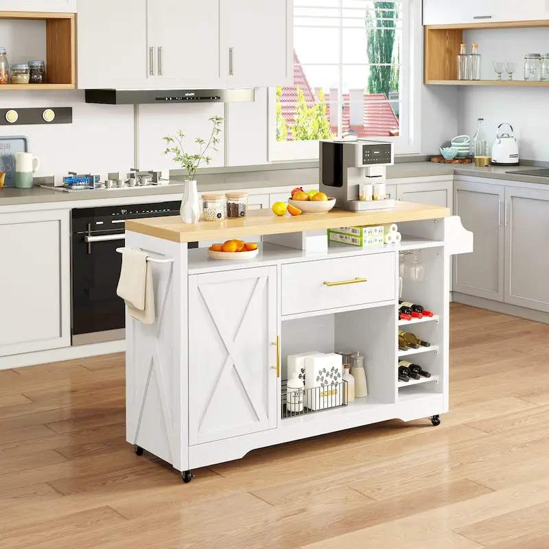 Moasis 47 Wide Rolling Kitchen Island with Wine Storage Cabinet Drawer Power Outlet