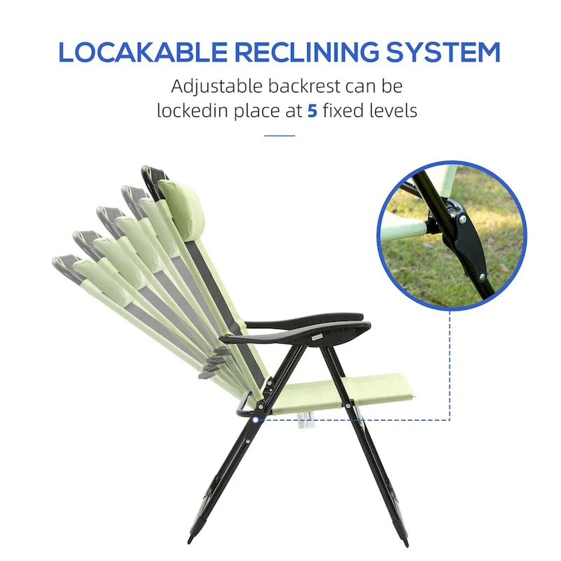 Folding Patio Chairs Set of 2, Deck Chair with Adjustable Sling Back, Camping Chair with Removable Headrest