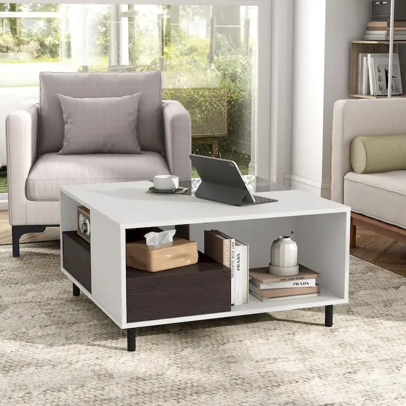 DH BASIC Modern White Square Coffee Table with 16 Colors LED Light, Shelf, and Drawer by Denhour