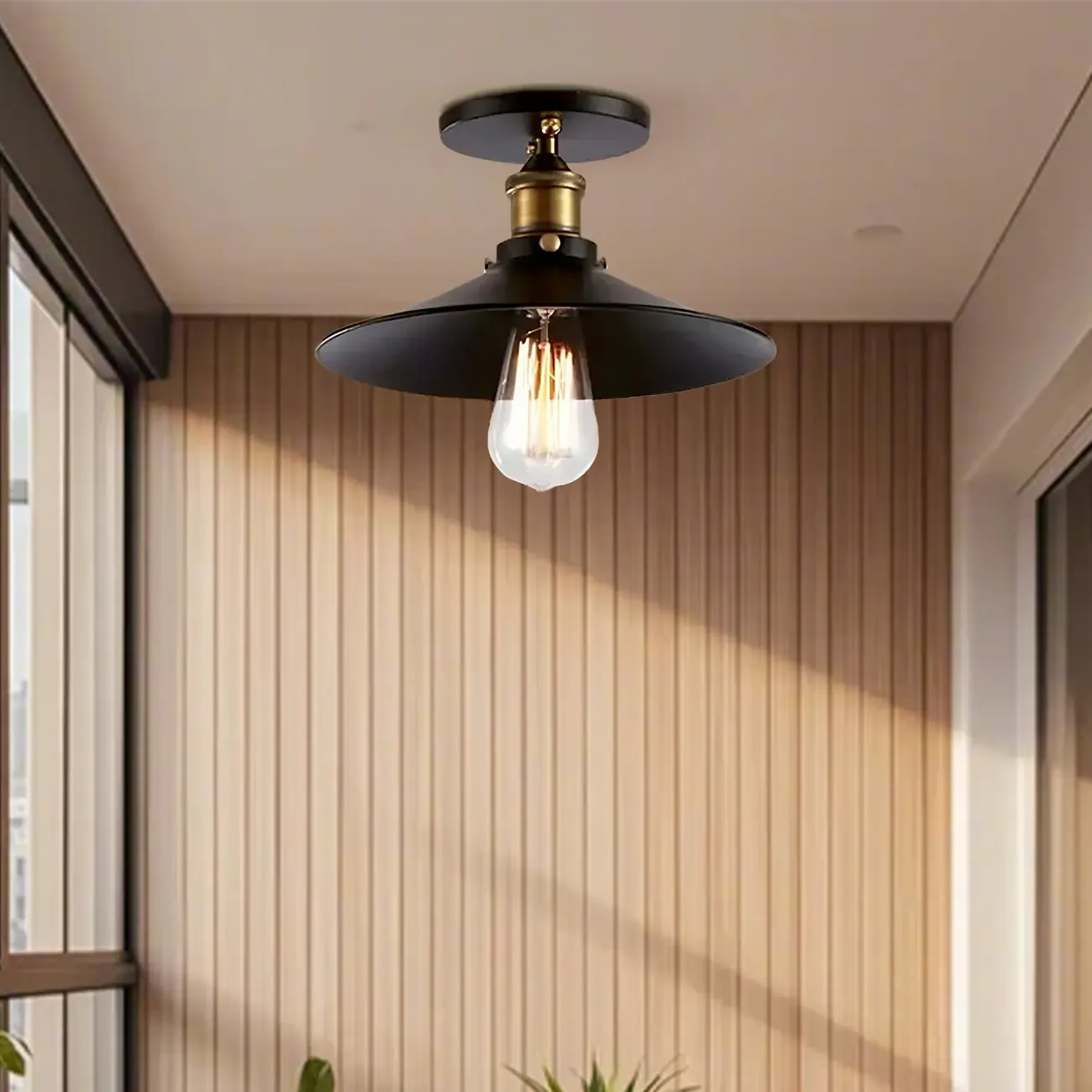 Industrial Black Cone Metal Semi Flush Ceiling Light