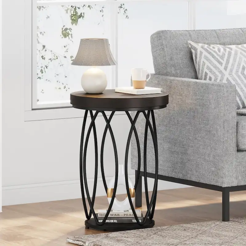 Industrial Round Side Table, Small End Table with Metal Frame
