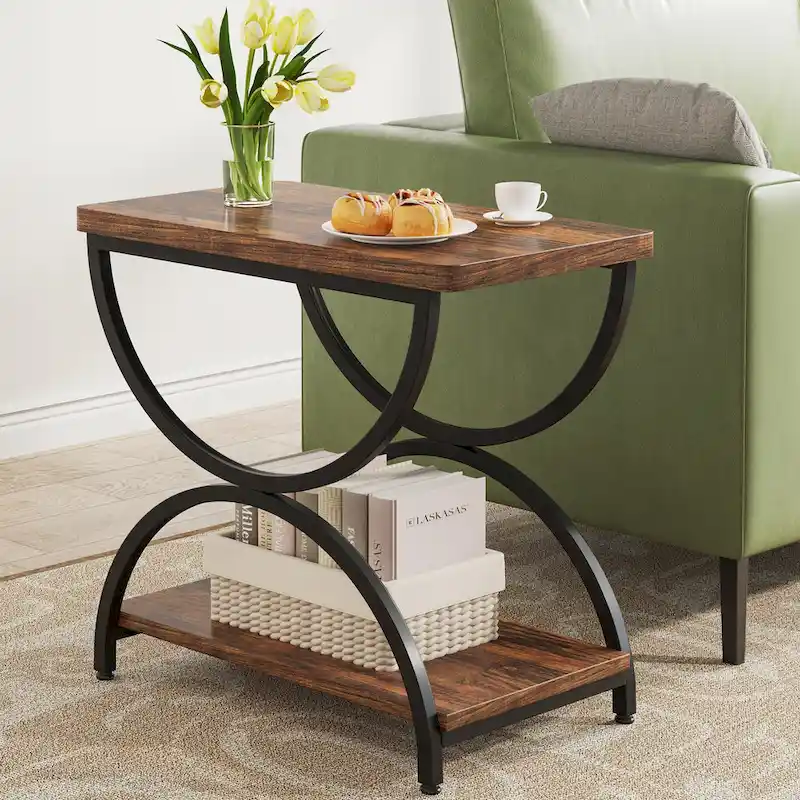 2-Tier Rectangular Wood Metal End Side Chairside Table