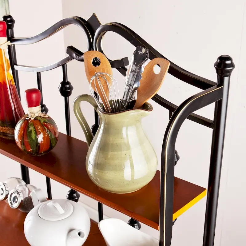 Black Baker's Rack with 2 Rattan Baskets, Wire Shelf and Oak Finish Shelves – Single Unit