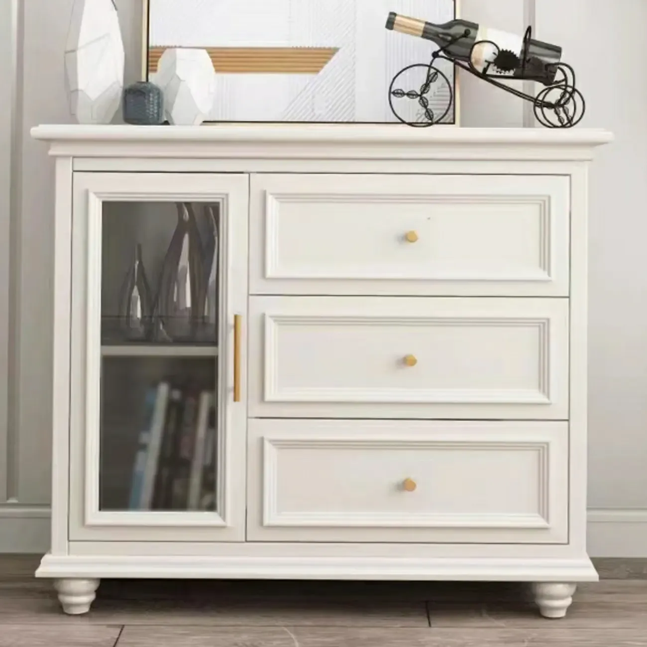 White Wooden Sideboard with 3 Drawers and Cabinets