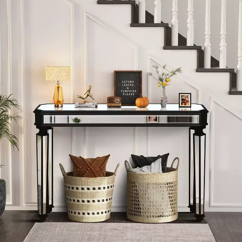 Okak 48IN Vintage Console Table with Wood Grain Carving, Accent Table with Mirror Surface, Hallway Table for Living Room, Entryway
