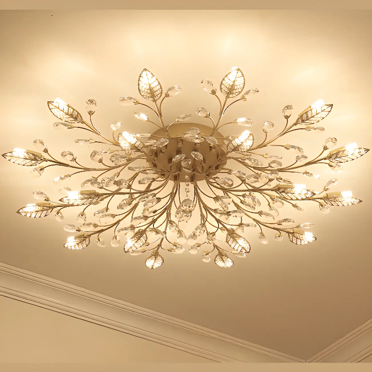 Elegant Golden Branch Crystal Semi Flush Ceiling Light