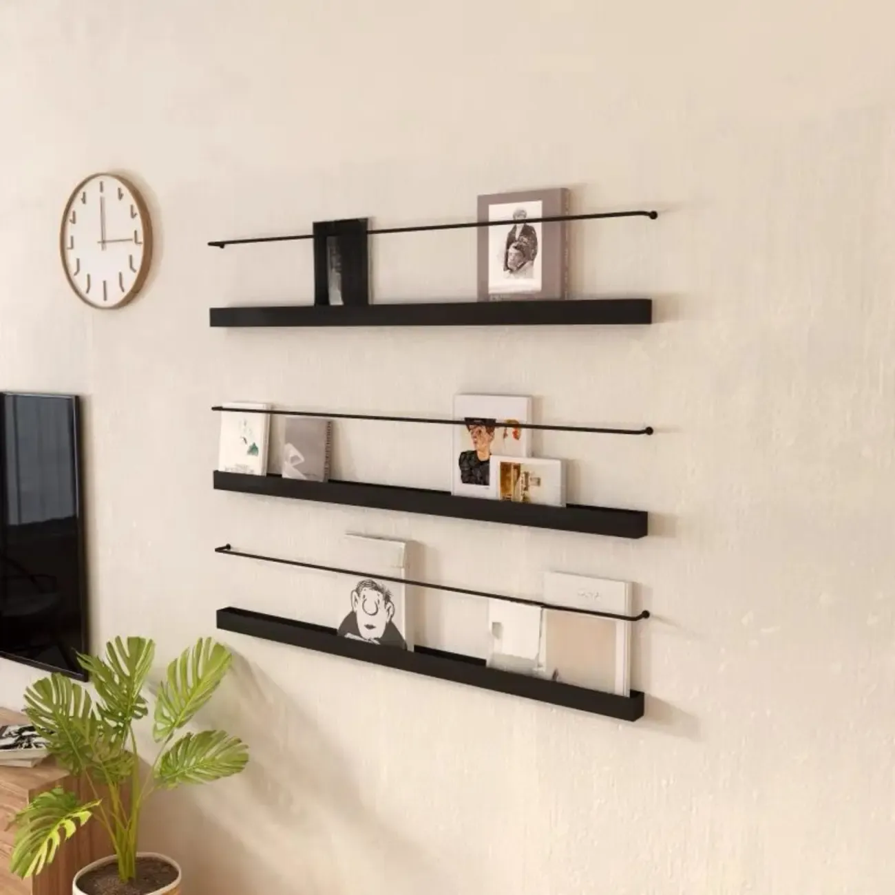 Simple Black Metal Wall-Mounted Bookshelf Set
