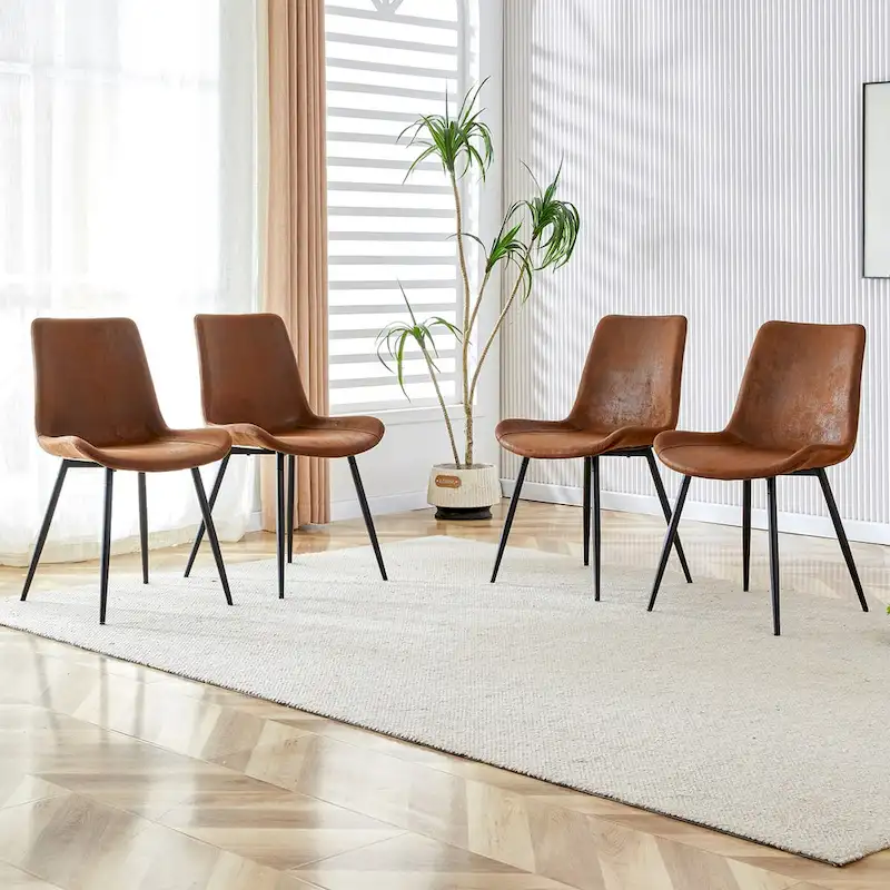 A Set Of 4 Style Restaurant Cushioned Chairs With Suede Backrests And Black Metal Legs,Suitable For Kitchens,Lounges,Farmhouses
