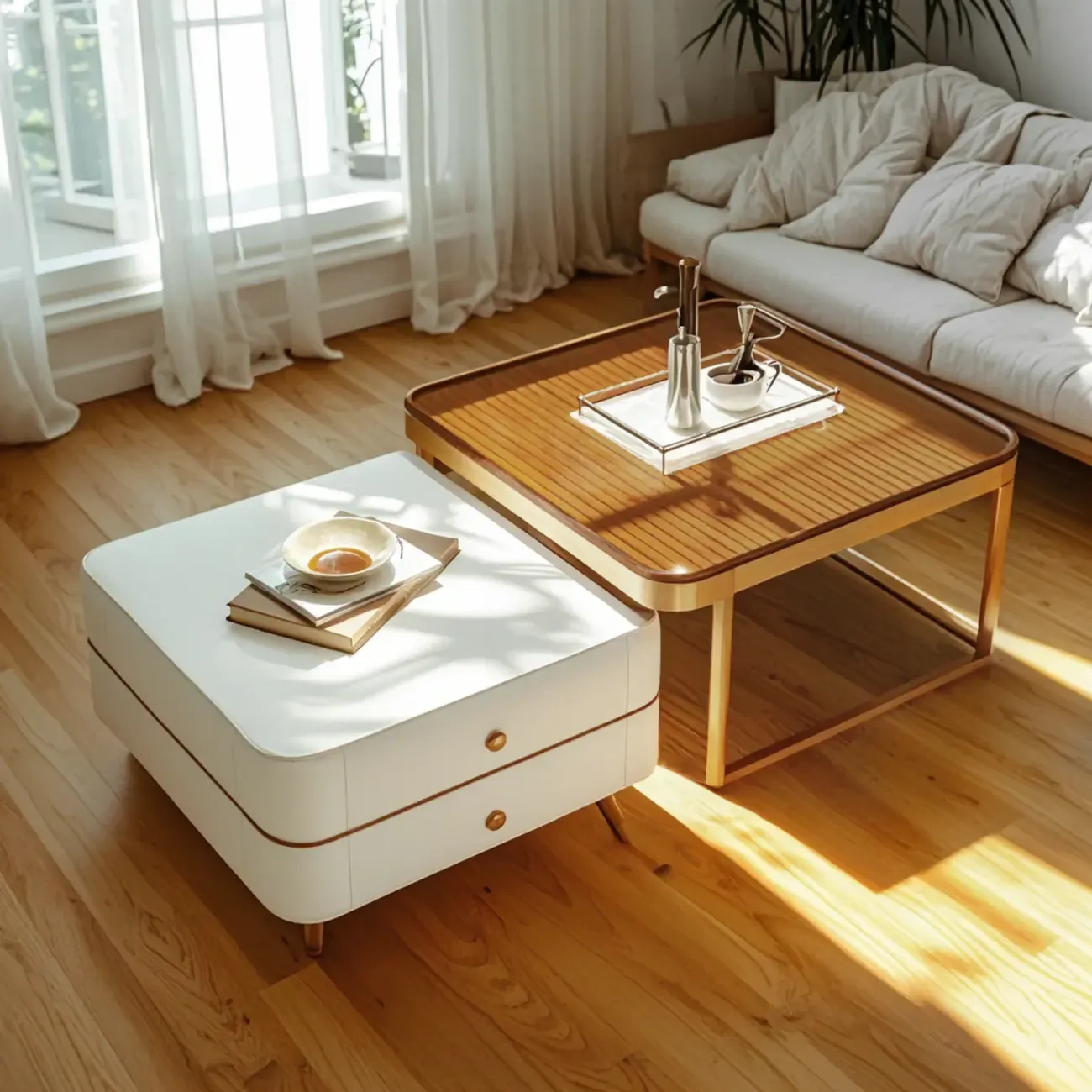 Modern White 2 Nesting Coffee Table Set with Storage