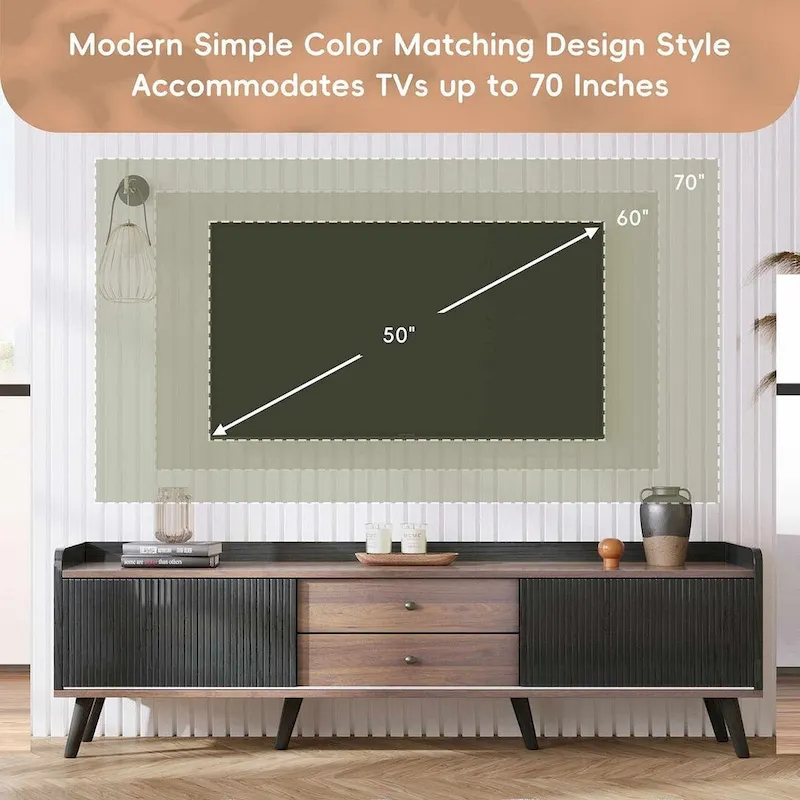 63 Inch Mid Century Modern TV Cabinet Dark Brown Black