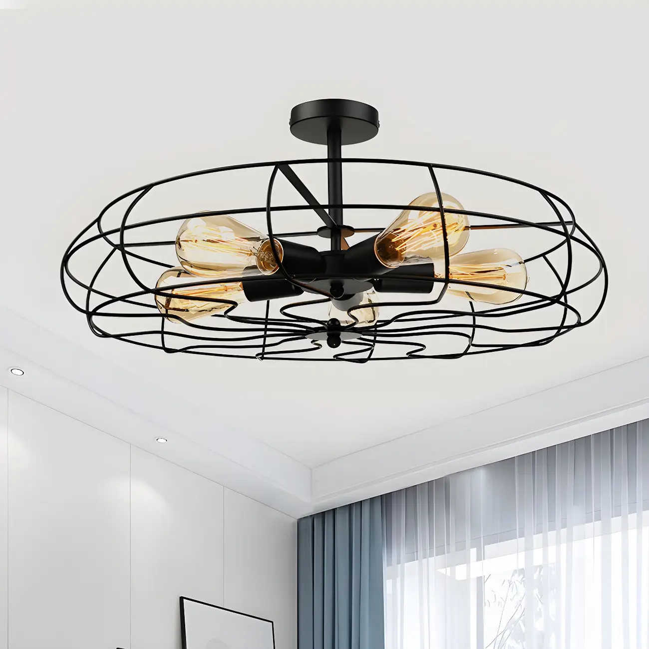 Industrial Metal Black Round Caged Semi Flush Ceiling Light
