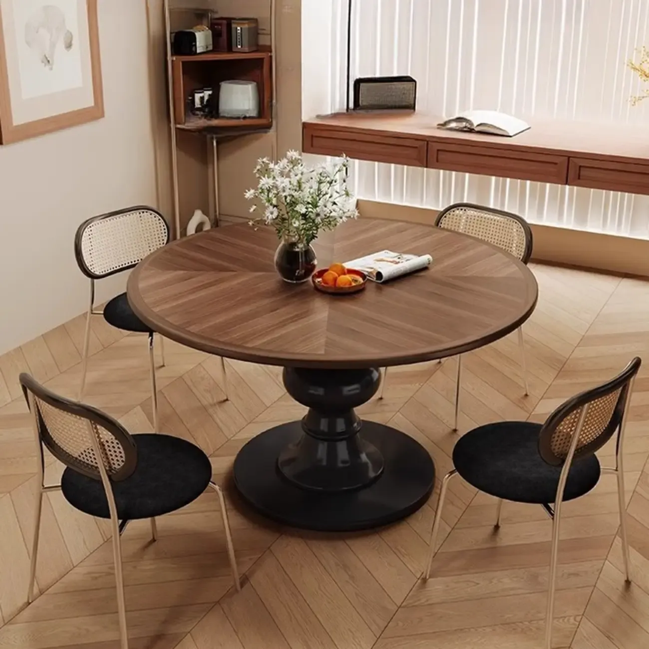 Art Deco Circular Dining Table with Brown Natural Wood Fixed Tabletop