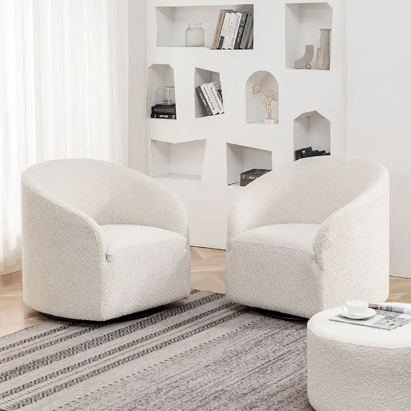 KINWELL 32 W Boucle Upholstered Swivel Barrel Armchair (Set of 2)