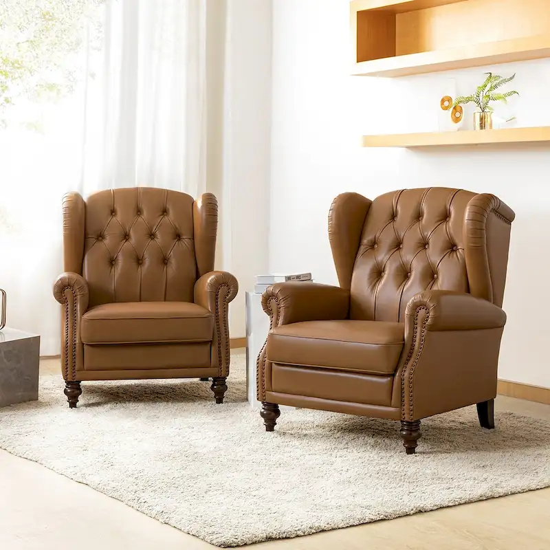 Alex Classic Wingback Leather Armchair with Nailhead Trim Set of 2 by HULALA HOME
