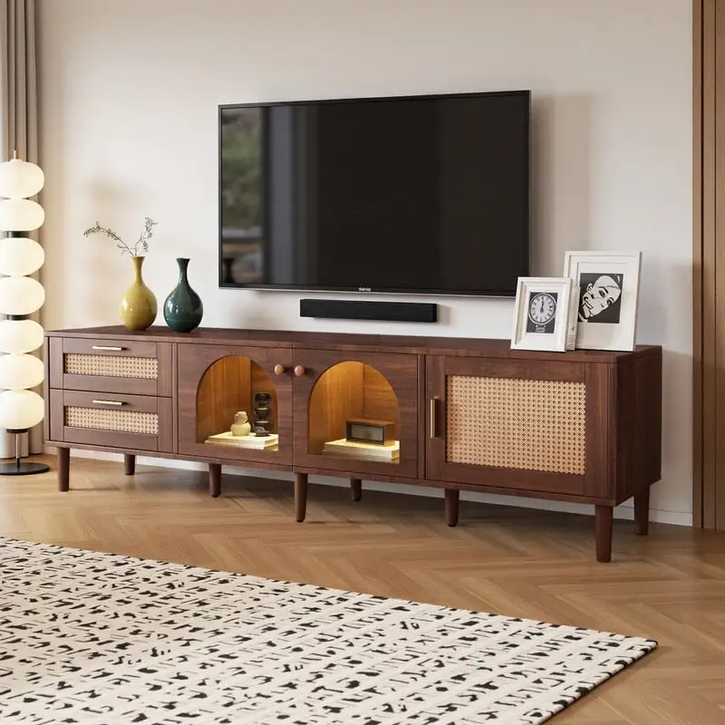 TV Stand with Rattan-Inspired Design, Fits TVs Up to 80 Inches, 3 Cabinets & 2 Drawers