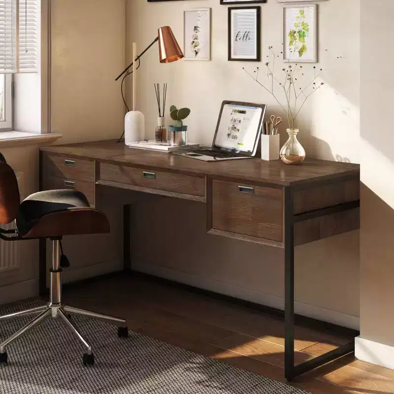 Brandt Desk Rustic Natural Aged Brown: Office Furniture with Bronze Hardware, Plywood & Metal Frame