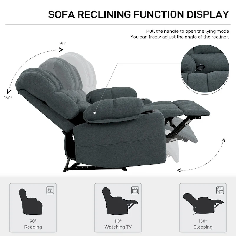 Chenille Manual Recliner Chair with Massage and Lumbar Heating, Dual Cup Holders, Side Pockets