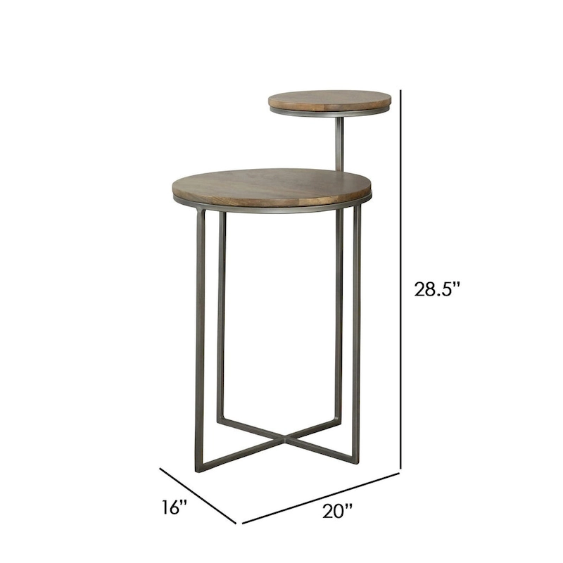 29 Inch Modern Round Accent Table, 2 Tier Brown Wood Tops, Gray Metal Base