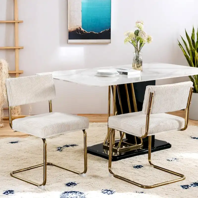 Modern Dining Chairs with Corduroy Fabric,Gold Metal Base, Kitchen Chairs with Channel Tufting, Side Chairs, Set of 2