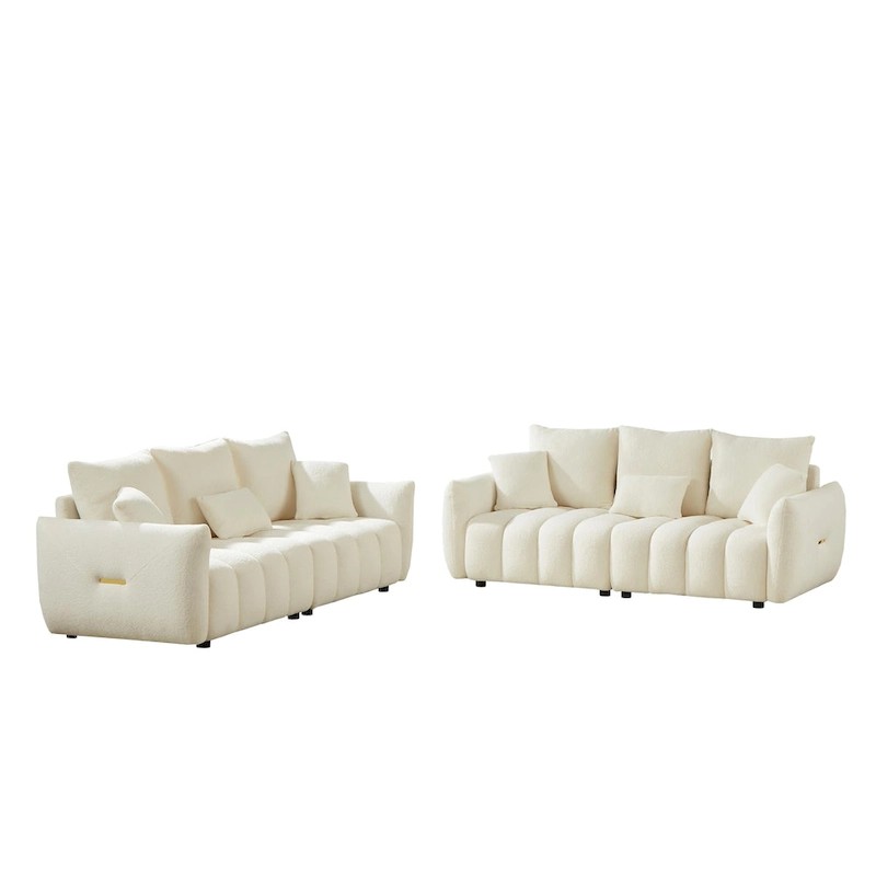 2-Pieces 6-Seat Teddy Fabric Sectional Sofa Set (3+3) with Wooden Frame & 6 Pillows